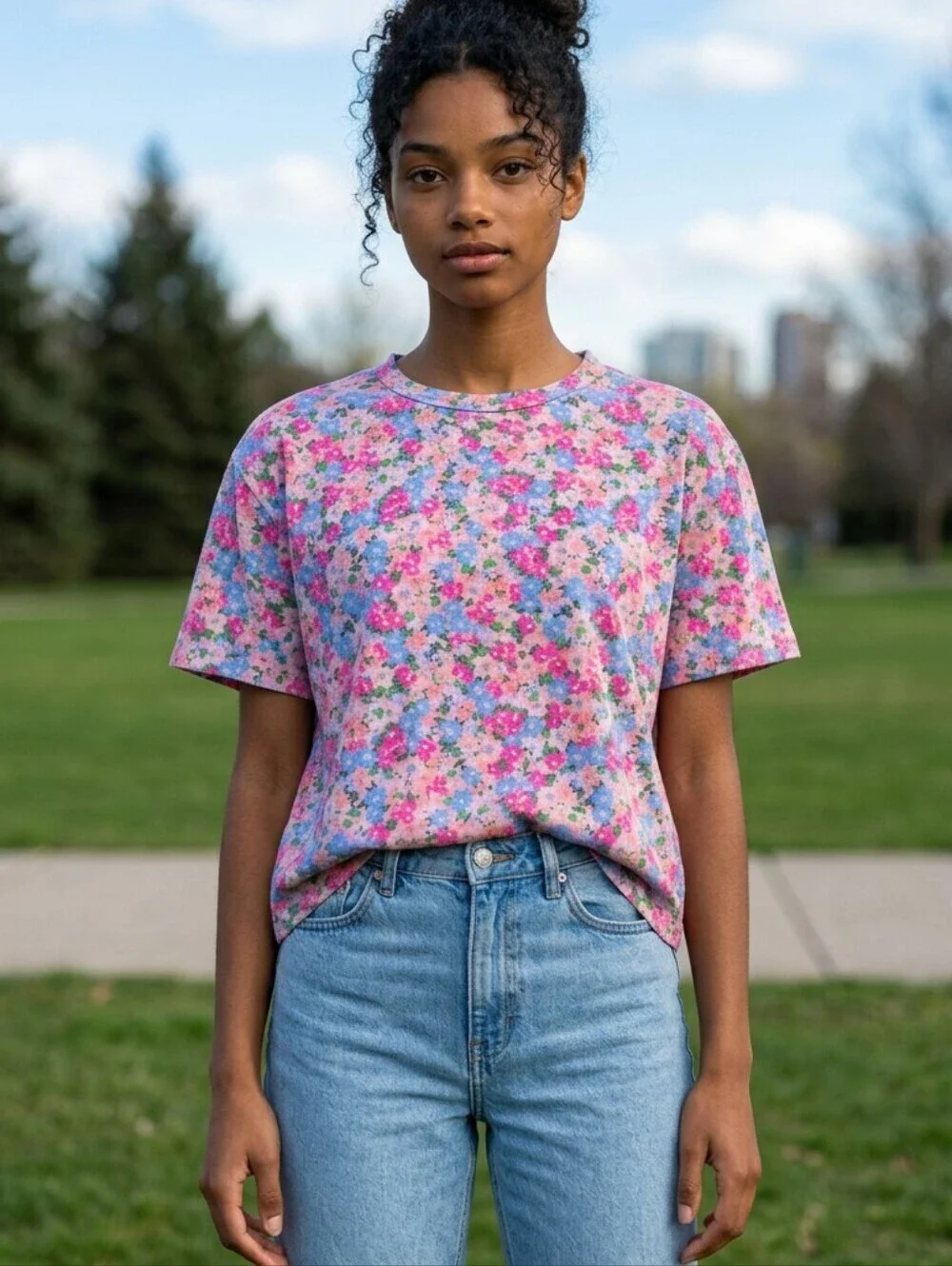 Women's Oversized Floral Print Fairy Cottagecore Short Sleeve Tee S Pink Blue